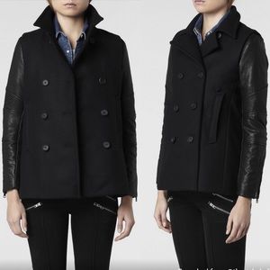 AllSaints Zaskia Leather Pea Coat Jacket in Navy & Black Size 8 All saints